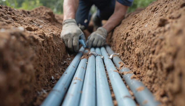 Worker wearing gloves carefully fits plastic conduit into trench filled with pipes. Focus on installation of electrical plumbing infrastructure. Close-up view of utility line assembly, construction