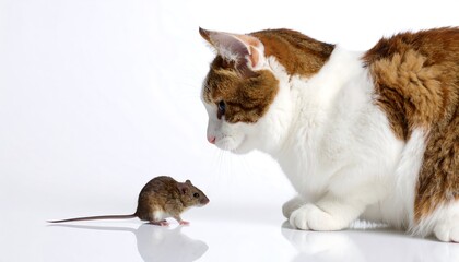Adorable curious cat stares intently at a small mouse on a plain white background