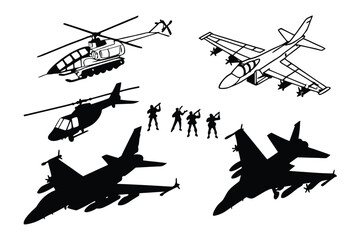Military Aviation Silhouette: A striking, artistic representation of various military aircraft and soldiers in a bold silhouette, perfect for projects.