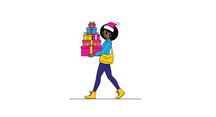 Fototapeta premium Person carrying a stack of presents wearing a santa hat a festive holiday shopping spree