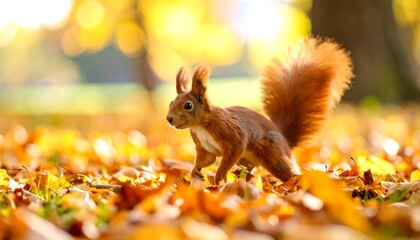 Adorable red squirrel exploring vibrant autumn leaves in a golden park light