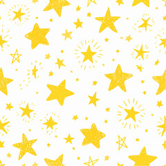 Yellow colored seamless pattern with crayon drawn stars, sparks and sparkles. Hand drawn childish background