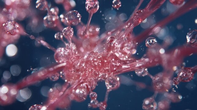 Highresolution image of saliva secretion from salivary acini with sparkling liquid streams in slow motion.