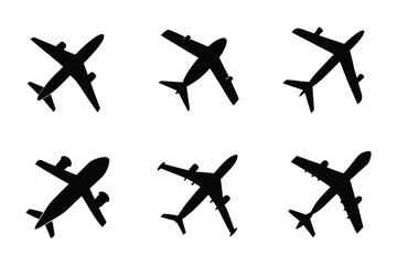 Silhouetted Airplanes: A collection of six silhouetted airplanes showcases a bird's-eye view, offering a minimalist and dynamic representation of flight and travel. 