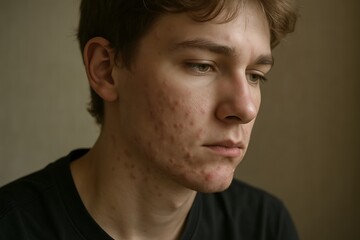Fototapeta premium young man with acne, highlighting skin blemishes and pimples on his face, emphasizing the personal challenge of dealing with acne, acne skin problem background