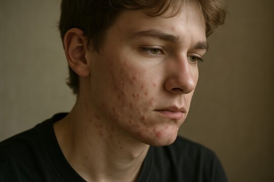 young man with acne, highlighting skin blemishes and pimples on his face, emphasizing the personal challenge of dealing with acne, acne skin problem background