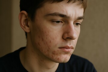 Obraz premium Close up portrait of a young man with visible acne, showing pimples and redness on his skin, reflecting the emotional impact of acne, acne skin problem background