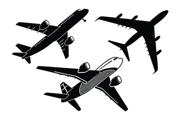 Airplane Silhouette Collection: A collection of sophisticated airplane silhouettes against a backdrop, representing diverse aircraft and perspectives.