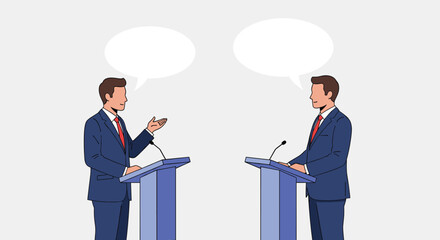 Two politicians engaging in a public debate discussing important national issues with open speech bubbles