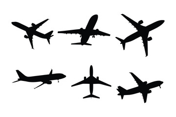 Airborne Shadows: A collection of sleek, dark silhouettes of airplanes against a backdrop, showcasing various perspectives of flight and the aviation industry.