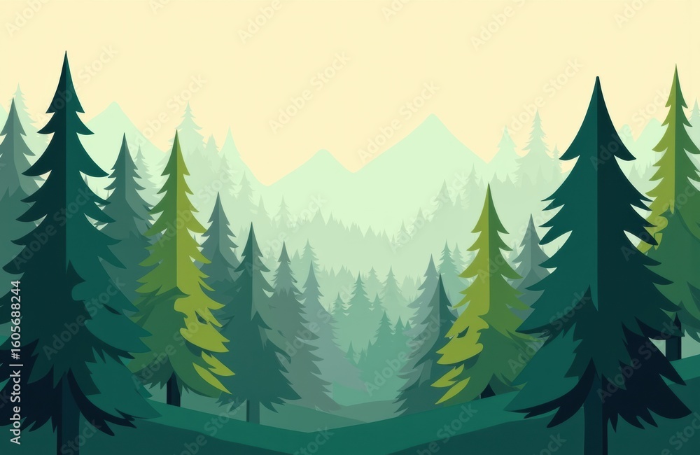 Poster lush green pine trees in a dense forest with layered trees creating depth and perspective