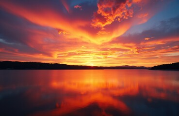 Fototapeta premium Vivid sunset over calm lake with colorful sky and reflected clouds creating a peaceful scene