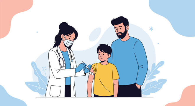 Doctor administering vaccine injection to a child with father present supporting healthcare concept