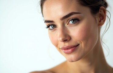 Fototapeta premium Woman with clear skin and bright eyes smiling softly in a close-up portrait