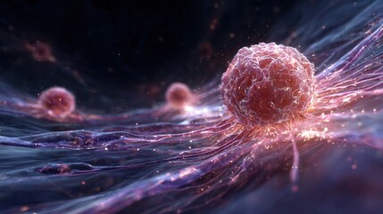 Artistic representation of a tumor emitting ethereal biochemical ripples that travel through bloodstream illustrating systemic paraneoplastic syndrome manifestations.
