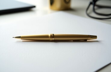 Golden pen resting on a blank sheet of paper with office supplies blurred in the background