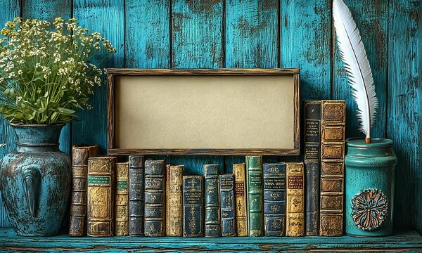 Antique-style bookshelf display with books, a vase, and a feather quill