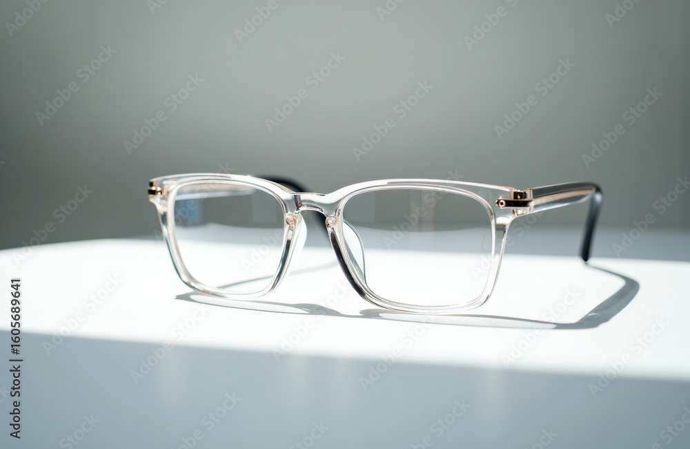 Poster clear eyeglasses with rectangular frames resting on a white surface with soft shadows and neutral ba
