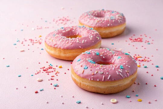 Indulge in sweet delight with pink frosted donuts sprinkled with joy for a whimsical treat today - Powered by Adobe