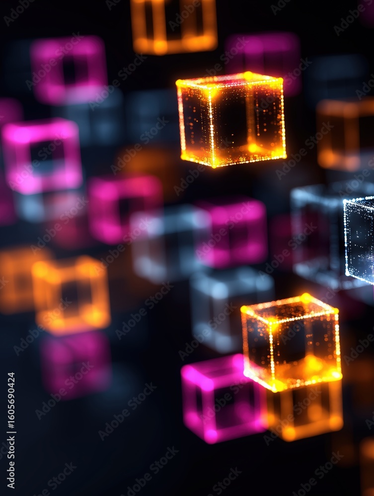 Poster glowing translucent cubes in neon colors float against a dark background, creating a futuristic and 