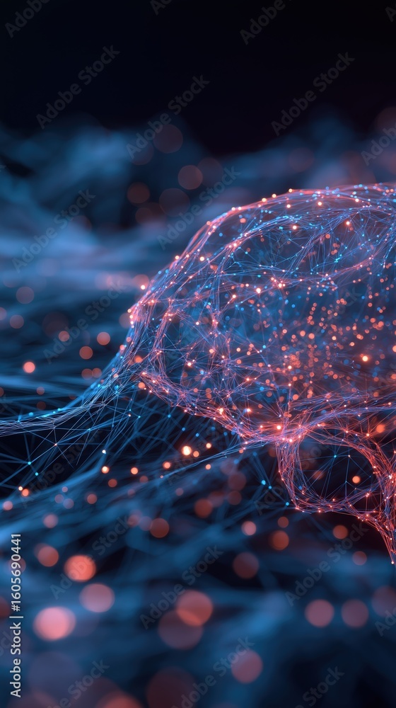 Poster a digital illustration of a neural network in the shape of a brain, glowing with interconnected node