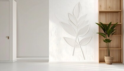 Embossed leaf pattern on white plaster wall