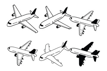 Airplane Fleet in Flight: A stylish illustration of six different airplanes in mid-flight, soaring through the sky, offering a modern and graphic representation of air travel and transportation.