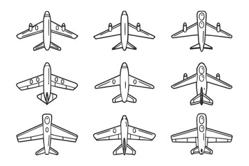 Airplanes line drawing: A grid-like arrangement of line-drawn airplanes, showcasing diverse aircraft designs in a clean, top-down perspective, representing the aviation industry and air travel.