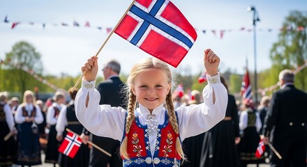 Young girl proudly displays a Norwegian flag.