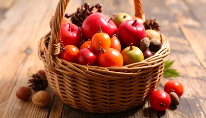 Basket full of fresh autumnal fruits and nuts displayed on a wooden table