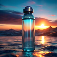 Glass bottle on water at sunset