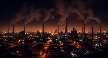 Industrial city at night with smoky factory chimneys.