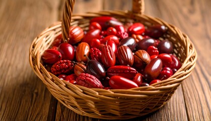 Basket overflowing with vibrant red jujube fruits on rustic wooden table