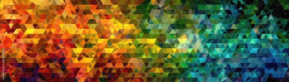 Poster a vibrant mosaic of multicolored triangles forming a gradient from warm reds and yellows to cool gre