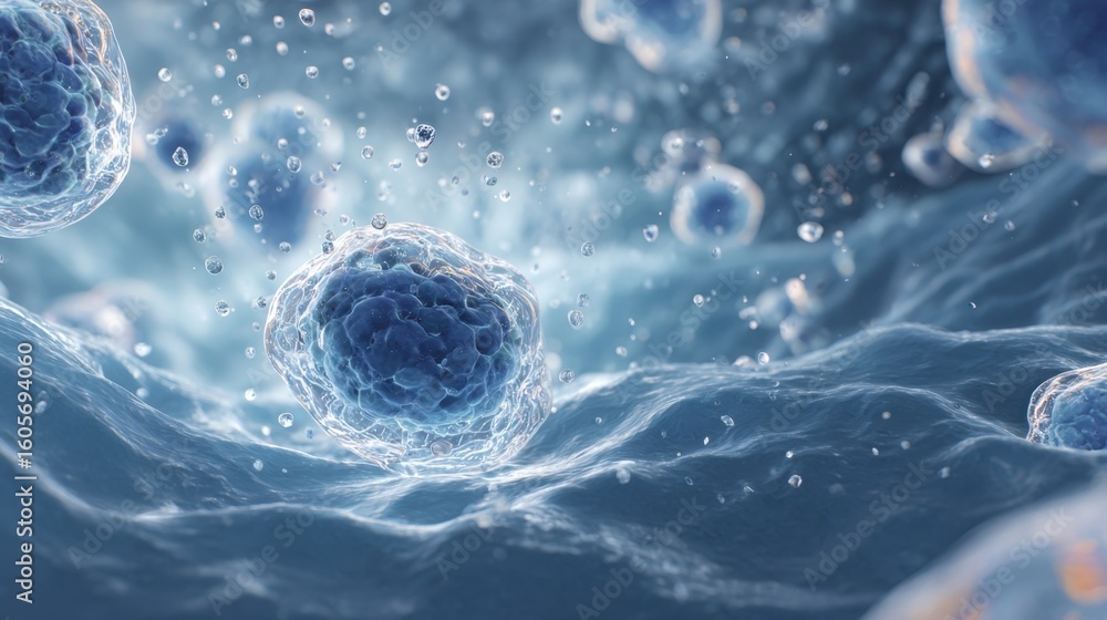 Poster 3d visualization of shrinking water molecules moving out of cells illustrating the biological proces