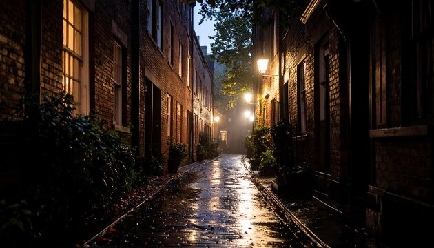 Atmospheric urban nocturne featuring a narrow alleyway after rainfall, illuminated by soft street