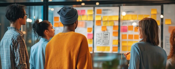 A diverse group of individuals collaborates while analyzing colorful sticky notes on a transparent board in a modern office setting.