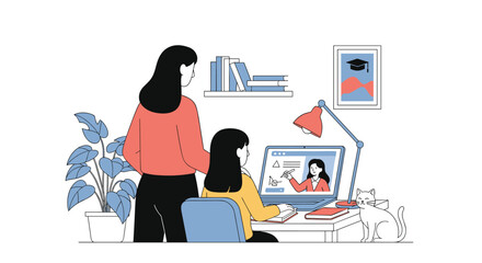 Diverse students and teacher engaging in online learning through digital technologies and virtual classroom interaction