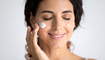 Beautiful young woman applying moisturizer cream on her face with eyes closed