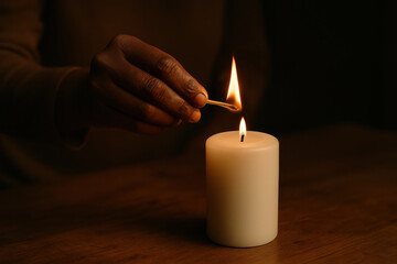 Person lighting white candle with match on wooden surface in dark calm setting
