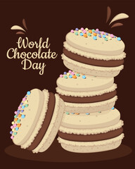 macaroons with chocolate filling in different angles. World chocolate day concept with french macaroons