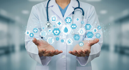 A healthcare professional offering medical concept, symbolizing healthcare and wellness. Digital icons are hovering over the hands, representing different facets of the health system.
