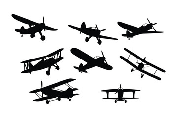 Aviation Silhouette Collection: a striking, high-contrast collection of silhouettes of vintage airplanes, perfect for aviation enthusiasts and design projects. A glimpse into the golden age of flight.