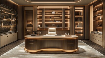 Elegant Modern Office Interior with Soft Lighting and Stylish Decor