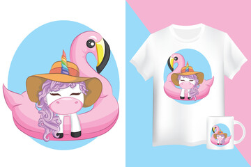 Mockup cute unicorn floats on a pink flamingo