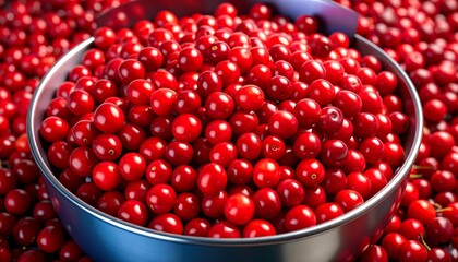 Bowl full of ripe red dogwood cherries close-up fresh harvest organic food