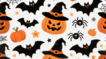Fototapeta premium A vibrant and whimsical Halloween-themed illustration featuring a seamless pattern of festive elements. Halloween, Halloween Costumes, Halloween Background, Happy Halloween