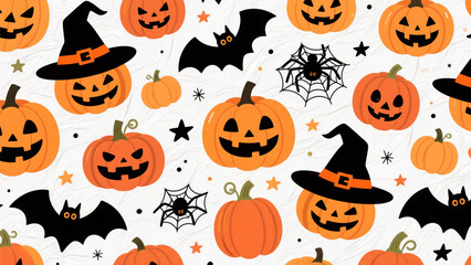 A vibrant and whimsical Halloween-themed illustration featuring a seamless pattern of festive elements. Halloween, Halloween Costumes, Halloween Background, Happy Halloween