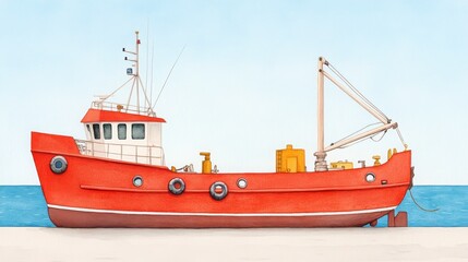 Fototapeta premium Watercolor Painting of Red Fishing Boat Vessel Floating in Blue Sea Waters on Clear Day