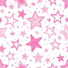 Pink colored seamless pattern with crayon drawn stars, sparks and sparkles. Hand drawn childish background